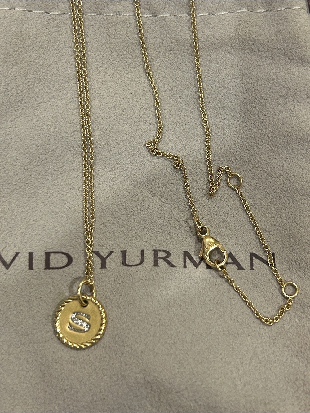 David Yurman Gold Round Pavé Disc Necklace with initial S